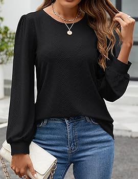 ZESICA Long Sleeve Eyelet Tops for Womens Crew Neck Fall Shirts
